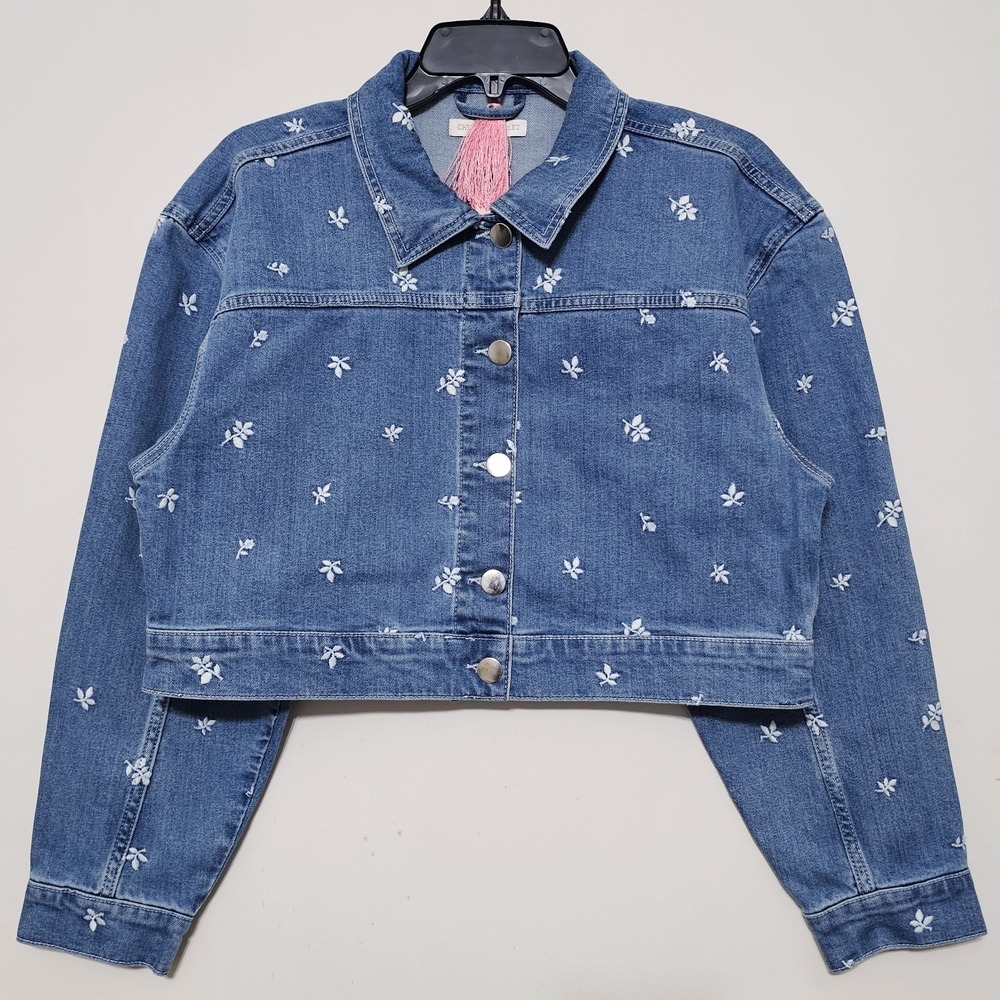 Chelsea&Violet Women's Denim Jacket Large Blue Medium Wash Embroidery Floral 370